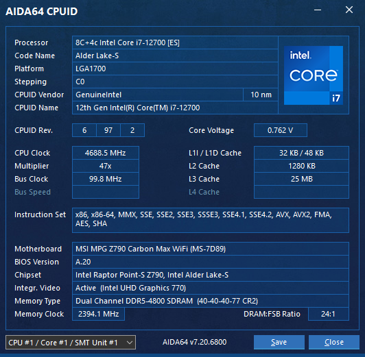 AIDA64 Engineer - Panneau de l'Interface CPUID
